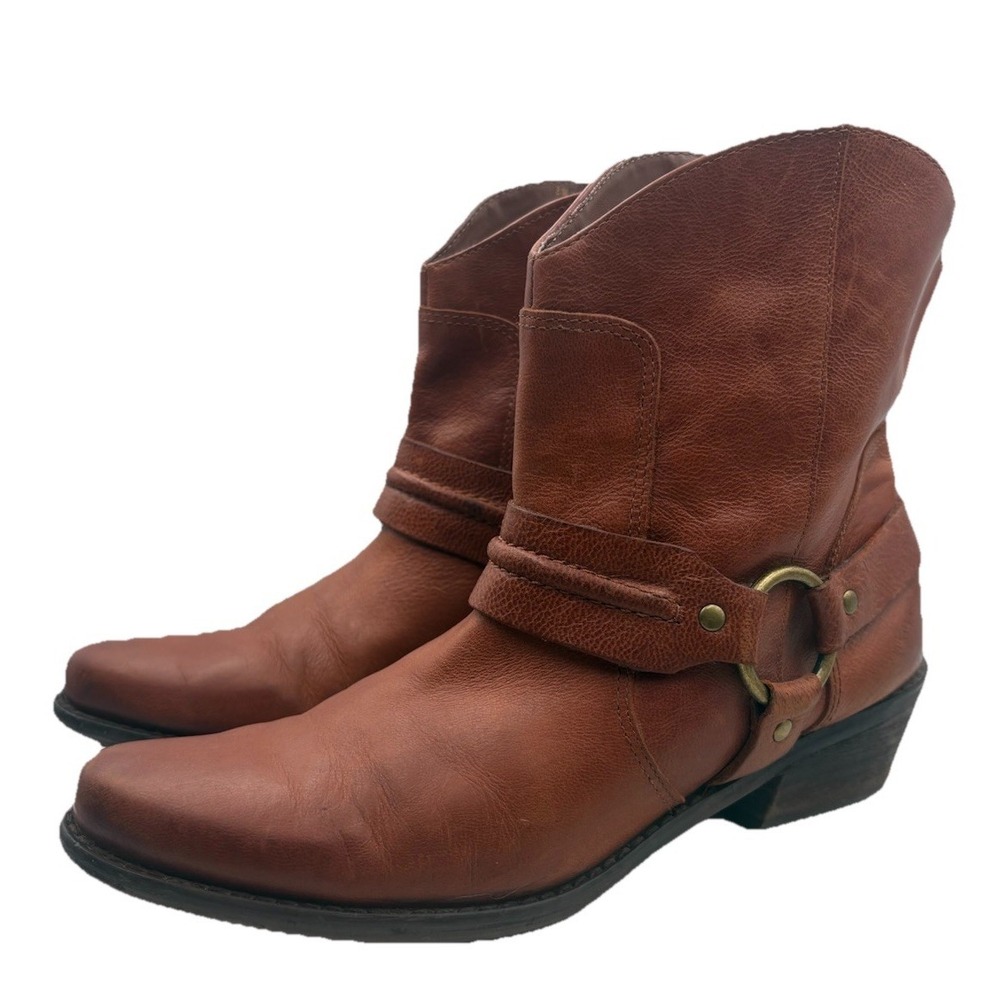 Franco Sarto Leather Boots Wade Brown Harness Western Mid Calf Womens 8 Boho EUC